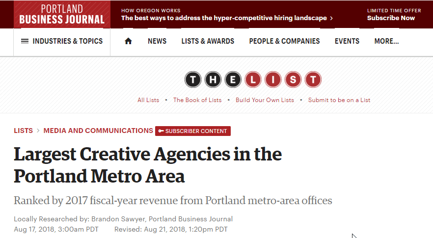 Portland Business Journal: Largest Creative Agencies in the Portland Metro Area