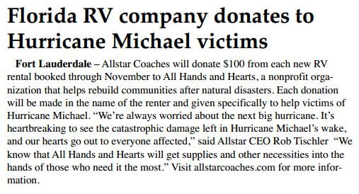 Panama City News Herald: RV company donates to Hurricane Michael victims