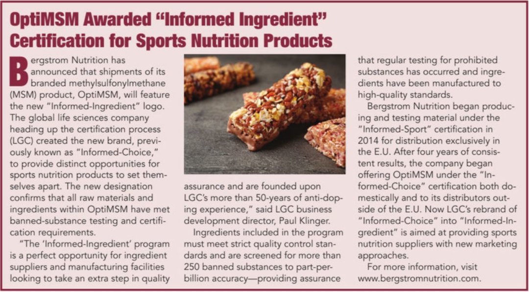 Nutrition Industry Executive: OptiMSM Awarded “Informed Ingredient” Certification for Sports Nutrition Products