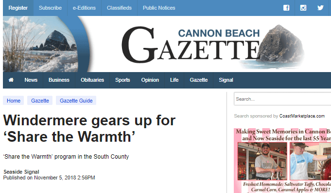 Cannon Beach Gazette: Windermere gears up for ‘Share the Warmth’