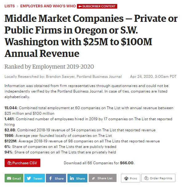 Portland Business Journal: Middle Market Companies