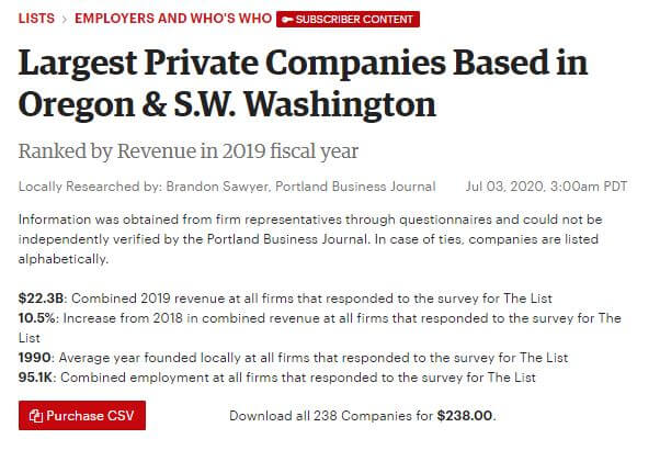 Portland Business Journal: Largest Private Companies Based in Oregon & S.W. Washington