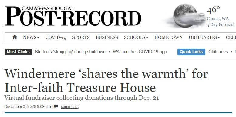 Camas-Washougal Post-Record: Windermere ‘shares the warmth’ for Inter-faith Treasure House