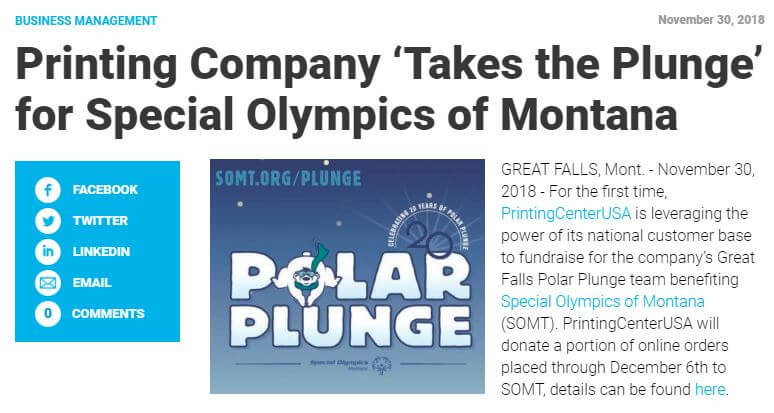 Printing Impressions: Printing Company ‘Takes the Plunge’ for Special Olympics of Montana