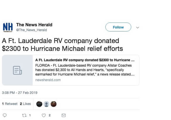 Panama City News Herald: A Ft. Lauderdale RV company donated $2300 to Hurricane Michael relief efforts