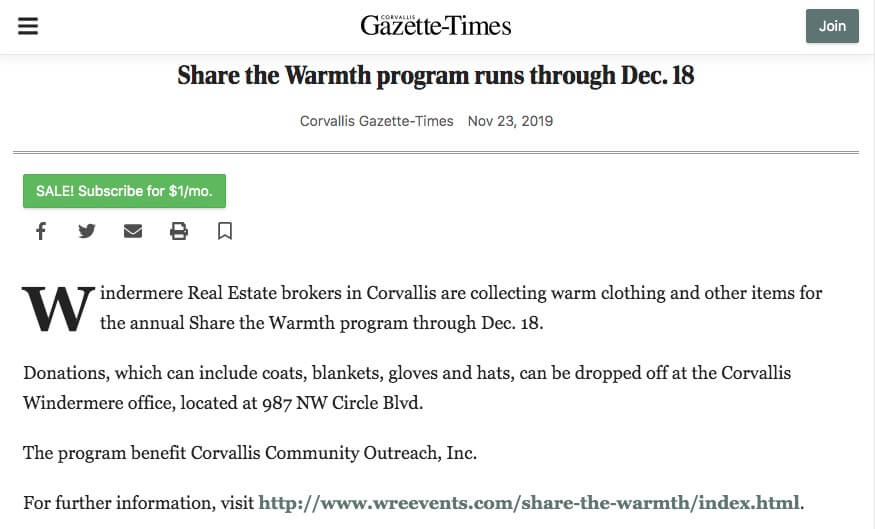 Corvallis Gazette-Times: Share the Warmth program runs through Dec. 18