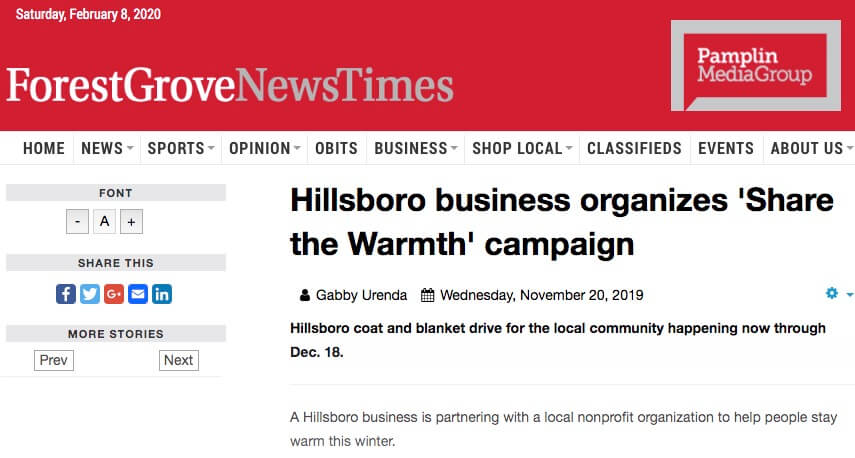 Forest Grove News Times: Hillsboro business organizes ‘Share the Warmth’ campaign
