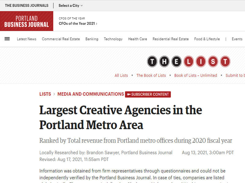 Portland Business Journal: Largest Creative Agencies in the Portland Metro Area