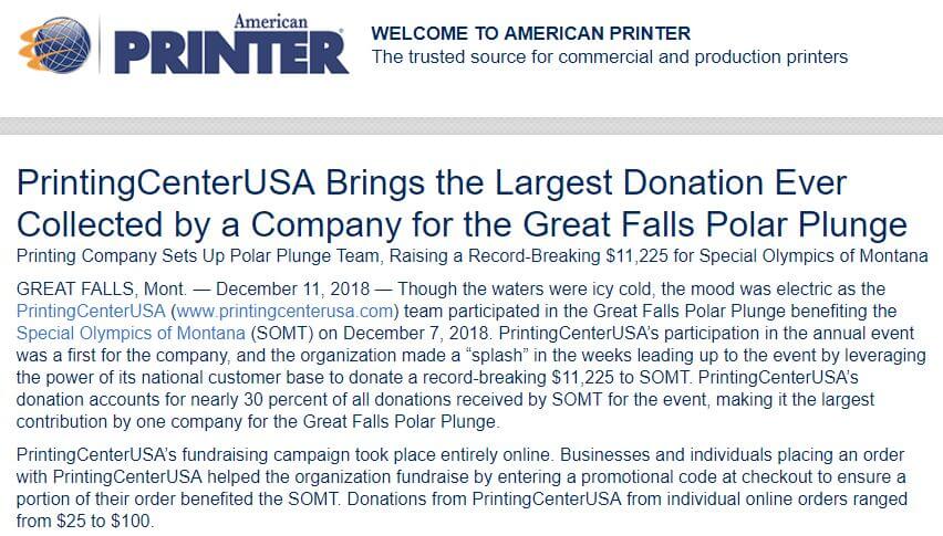 American Printer: PrintingCenterUSA Brings the Largest Donation Ever Collected by a Company for the Great Falls Polar Plunge