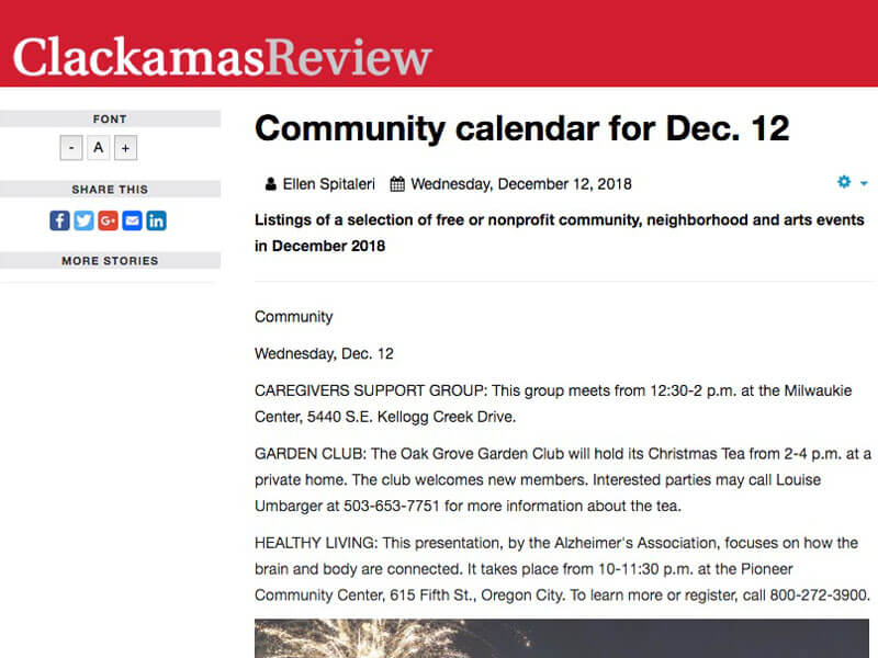 Clackamas Review: Community calendar for Dec. 12