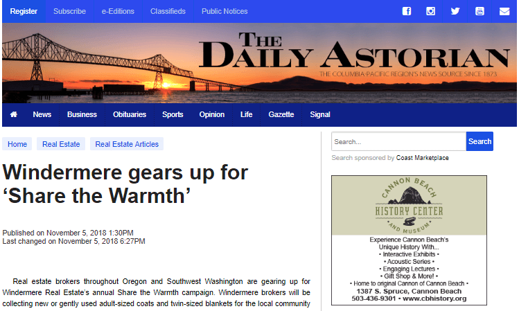 Daily Astorian: Windermere gears up for ‘Share the Warmth’