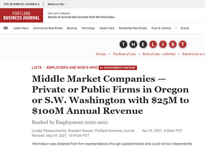 Portland Business Journal: Middle Market Companies — Private or Public Firms in Oregon or S.W. Washington with $25M to $100M Annual Revenue
