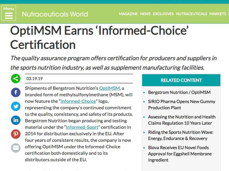 Nutraceuticals World: OptiMSM Earns ‘Informed-Choice’ Certification