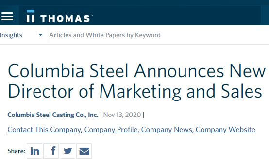 ThomasNet: Columbia Steel Announces New Director of Marketing and Sales